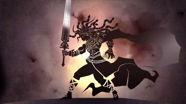 Shadow puppet art depicting a hero holding a sword.